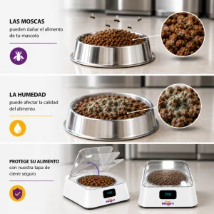 Comedero automático con sensor infrarrojo para mascotas con tapa segura que protege alimento de moscas y humedad