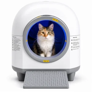 Arenero automático para gatos sin olor con porta filtro aromatizante y sistema cerrado de higiene sobre fondo blanco.