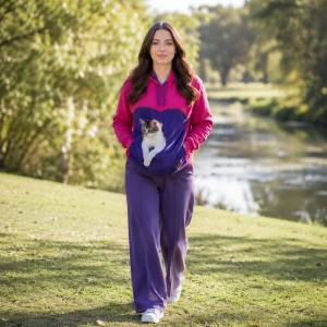 mujer paseando en el parque lleva gato en polerón porta mascota PetHeart
