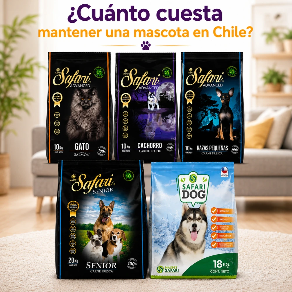 Bolsas de alimentos Safari para perros y gatos organizadas sobre un fondo hogareño para ilustrar los costos de alimentación de las mascotas en Chile.