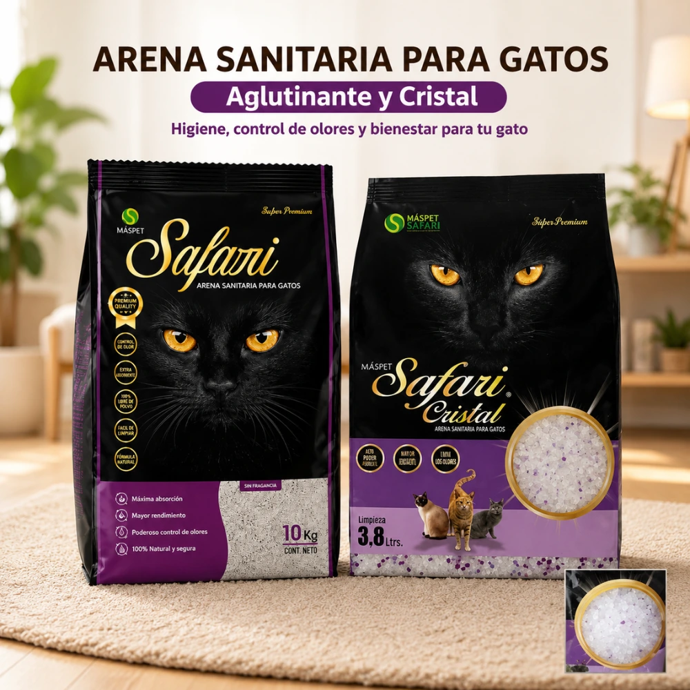 Bolsas de Arena Safari Aglomerante y Arena Safari Cristal para gatos exhibidas en un ambiente hogareño moderno.