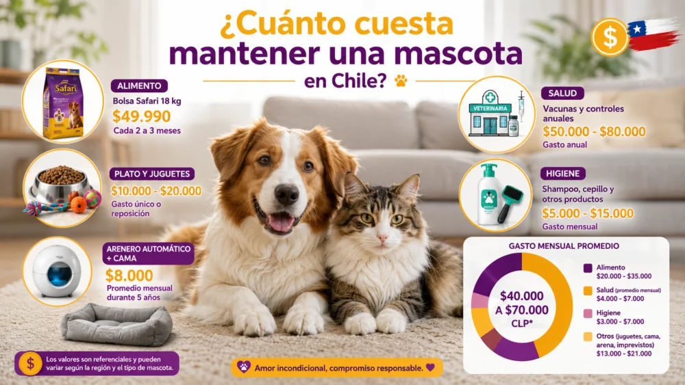 Infografía sobre cuánto cuesta mantener una mascota en Chile con gastos de alimentación, salud, higiene, juguetes y arenero automático.