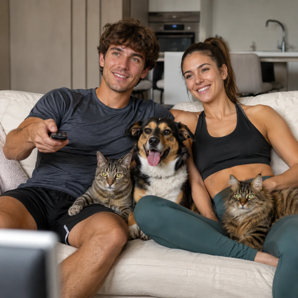 Pareja joven con ropa deportiva disfrutando de una tarde en casa junto a dos gatos y un perro mientras ven televisión en el sofá.