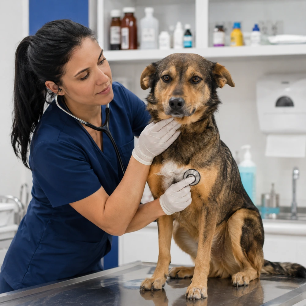 Veterinaria realizando un chequeo médico a un perro mestizo en una clínica veterinaria moderna.