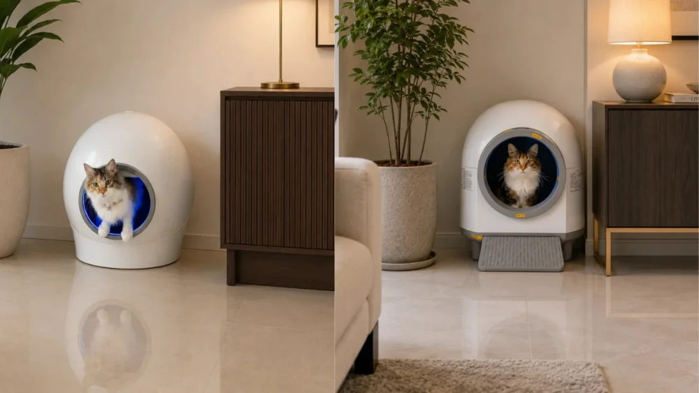 Comparación entre dos areneros automáticos para gatos integrados en ambientes modernos y decorativos del hogar.
