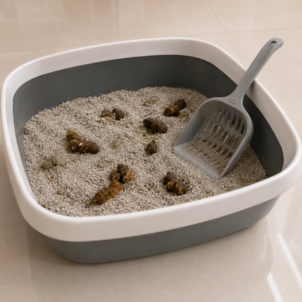 Evitar olores arenero gato y mantener un ambiente limpio 3 Arenero básico para gatos con pala de limpieza y residuos orgánicos visibles sobre la arena.
