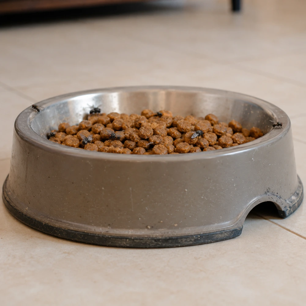 Primer plano de un comedero tradicional para mascotas con alimento seco y presencia de moscas sobre la superficie.