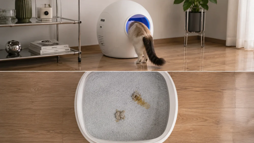 Comparación entre un arenero automático con un gato ingresando y un arenero básico con residuos visibles sobre la arena.