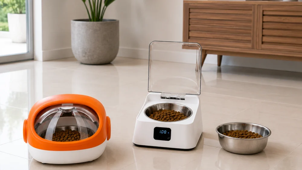 Comparación entre un comedero automático RFID, un comedero con sensor infrarrojo y un bowl metálico tradicional para mascotas.