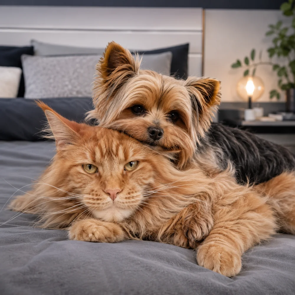 Gato Maine Coon y perro Yorkshire Terrier descansando juntos sobre una cama moderna en un dormitorio juvenil.