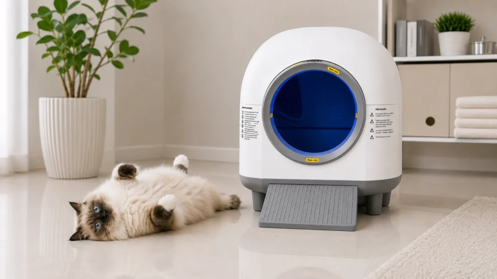 Gato Ragdoll acostado boca arriba y relajado junto a un arenero automático limpio en un departamento moderno.