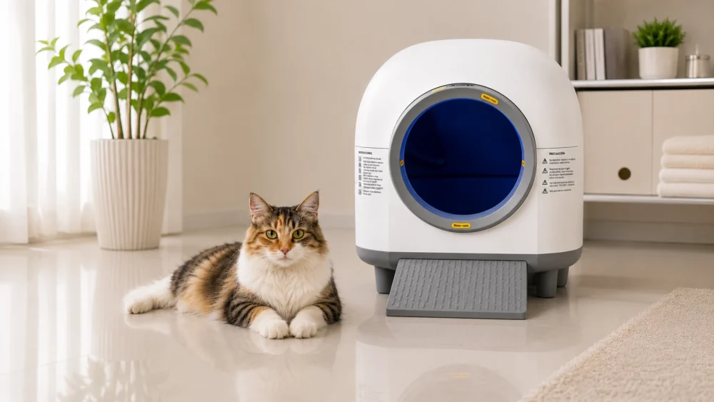 Evitar olores arenero gato y mantener un ambiente limpio 1 Gato relajado junto a un arenero automático limpio en un departamento moderno y ordenado.