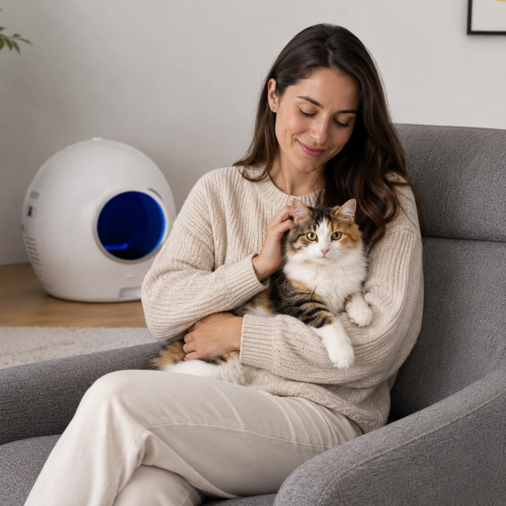 Mujer chilena sentada en un sillón gris acariciando a su gato mientras un arenero automático PetHeart aparece al fondo del living.