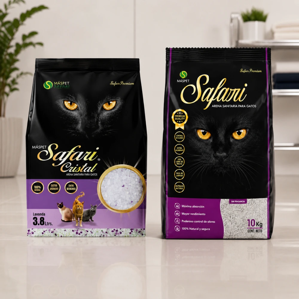 Evitar olores arenero gato y mantener un ambiente limpio 7 Bolsas de Arena Safari Aglomerante y Arena Safari Cristal para gatos en un ambiente interior limpio y moderno.