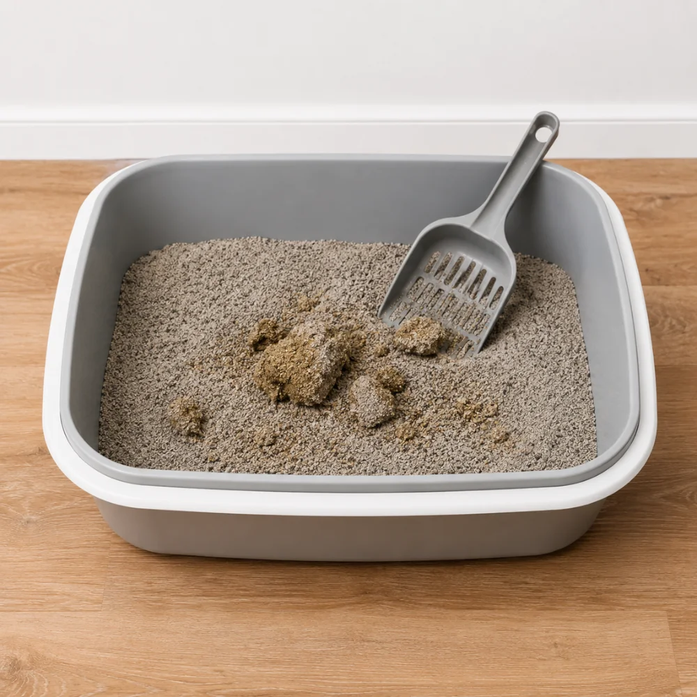 Arenero básico para gatos con pala de limpieza y residuos visibles en un ambiente interior.