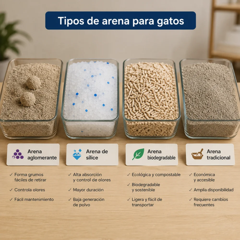 Comparativa visual de arena aglomerante, arena de sílice, arena biodegradable y arena tradicional para gatos.
