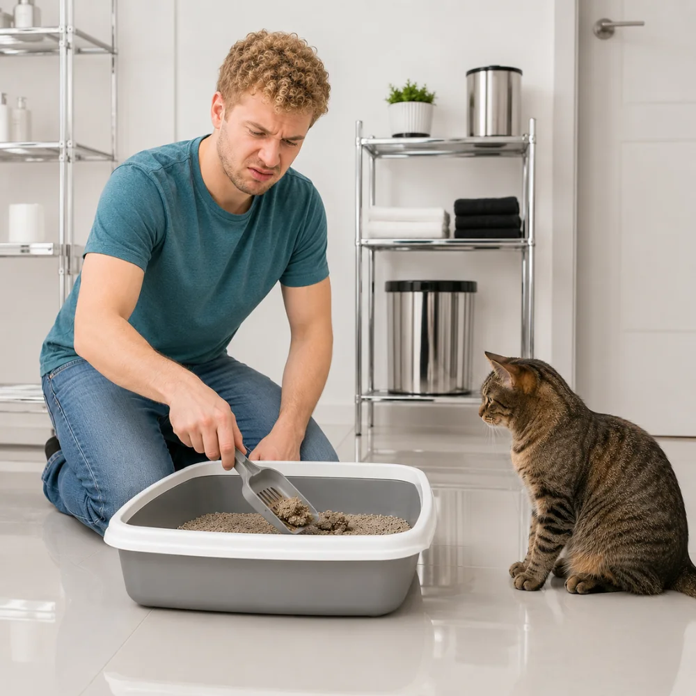 Evitar olores arenero gato y mantener un ambiente limpio 5 Hombre de cabello rubio crespo limpiando un arenero para gatos mientras su gato observa en un departamento moderno.