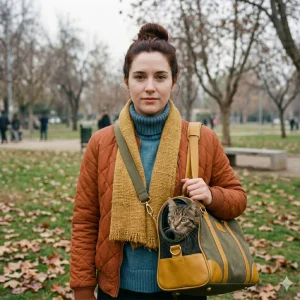 mujer lleva un gato en un bolso porta mascota