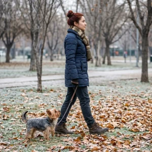 mujer paseando con correa a un perro 