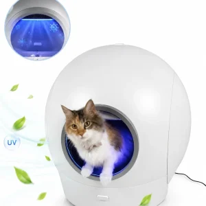 Arenero automático con desinfección ultravioleta PetHeart para gatos con sistema de higiene inteligente y fondo blanco.