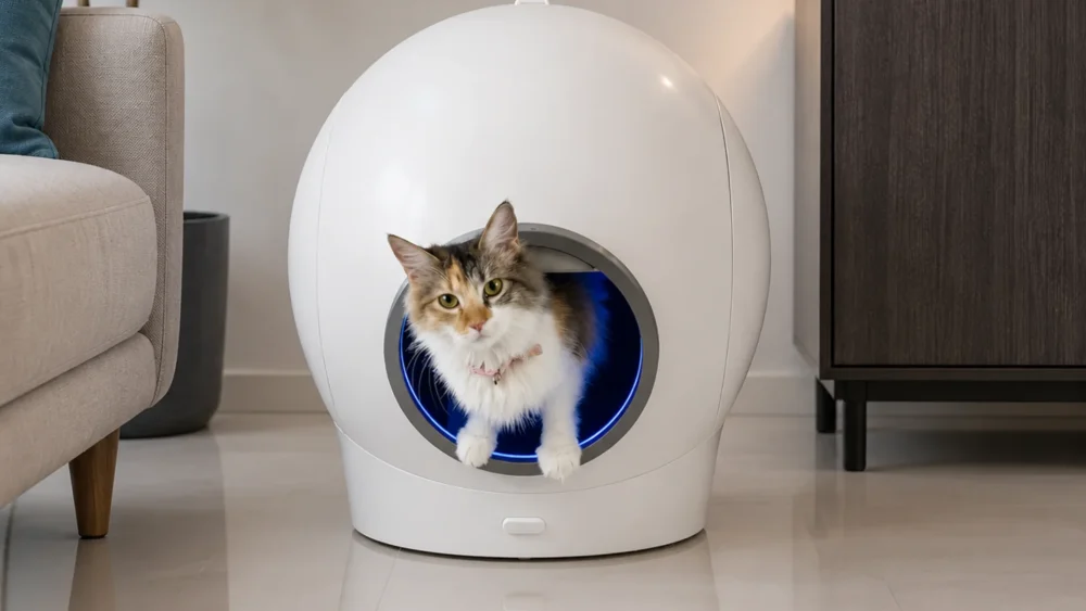 Gato saliendo de un arenero automático moderno en un living elegante con piso brillante y decoración contemporánea.