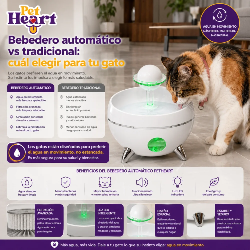 Infografía comparativa entre un bebedero automático PetHeart y un bebedero tradicional, mostrando los beneficios del agua en movimiento para los gatos.