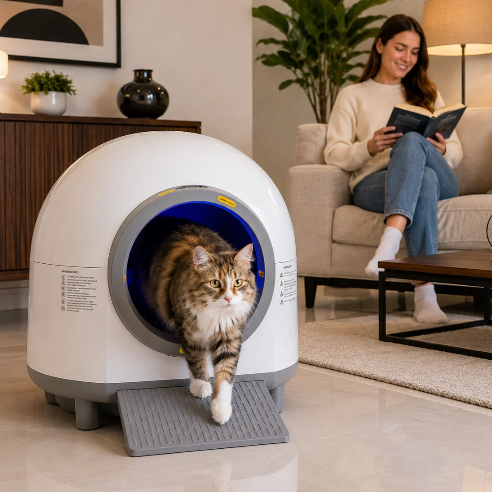 Gato saliendo de un arenero automático moderno mientras una mujer descansa leyendo en un living limpio y elegante.