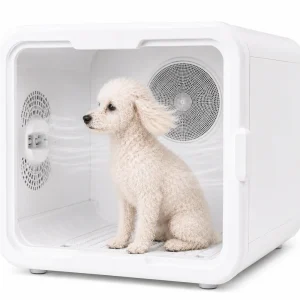 Poodle blanco dentro de secador PetHeart con flujo de aire seguro y eficiente.