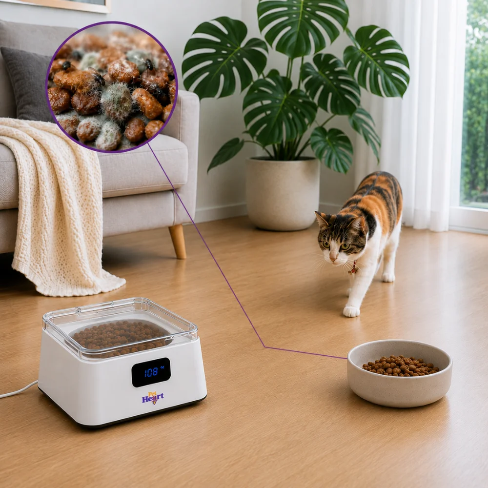 Gato caminando hacia un comedero automático PetHeart con tapa acrílica transparente mientras un comedero manual permanece expuesto a contaminación y deterioro del alimento.