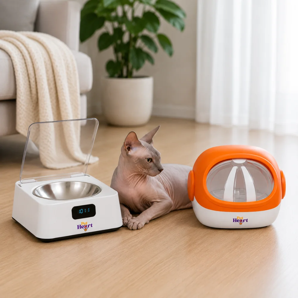 Gato Sphynx descansando entre dos comederos automáticos PetHeart vacíos en un living moderno, comparando distintos sistemas de alimentación para gatos.