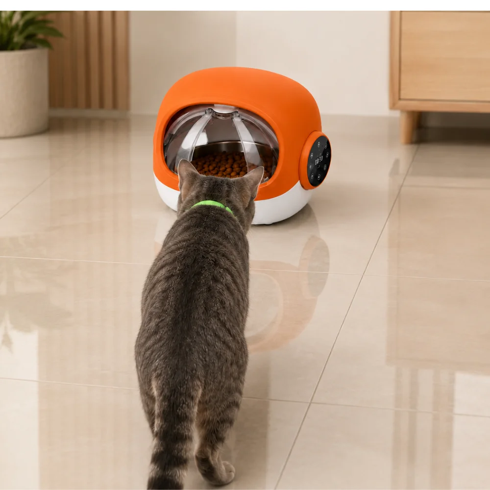 gato comiendo en comedero RFID