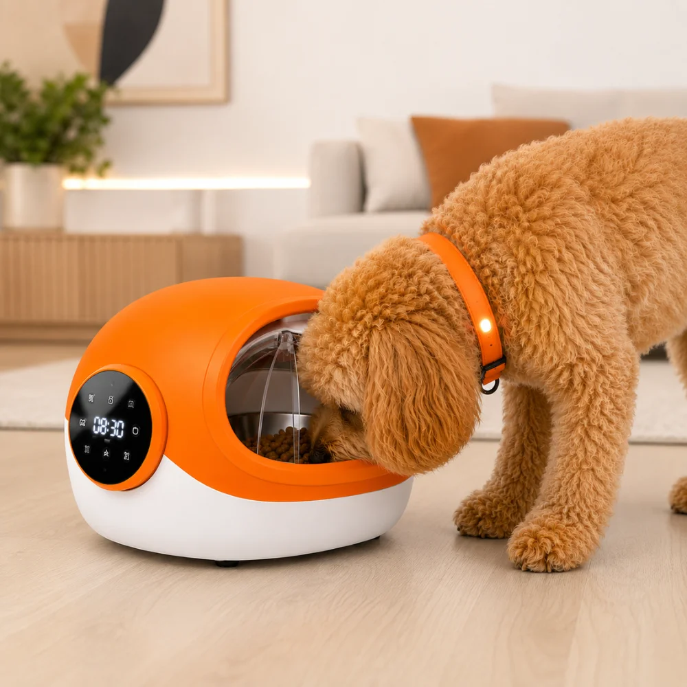 Comedero automático RFID para mascotas | Alimentación personalizada y segura 2 Perro con dieta veterinaria comiendo en comedero automático rfid para mascotas