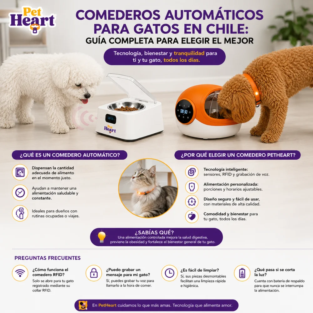 Infografía de PetHeart sobre comederos automáticos para gatos en Chile con modelos con sensor y RFID, funciones principales y preguntas frecuentes para elegir el mejor sistema de alimentación.
