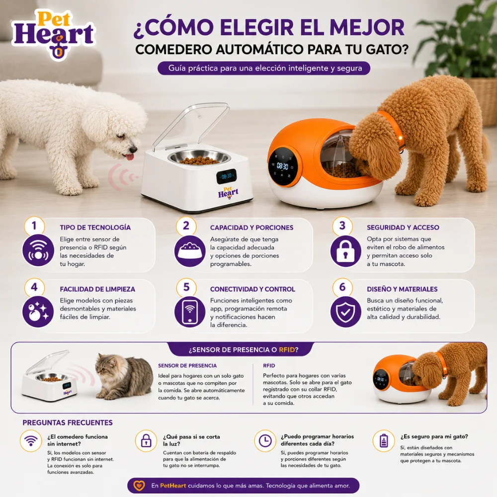 Infografía de PetHeart sobre cómo elegir el mejor comedero automático para gatos en Chile, comparando modelos con sensor de presencia y tecnología RFID para una alimentación segura y personalizada.