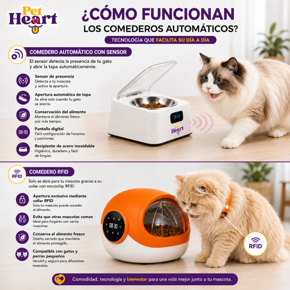 nfografía sobre el funcionamiento de los comederos automáticos PetHeart para gatos en Chile, comparando un comedero con sensor de presencia y un comedero RFID con acceso mediante collar inteligente.