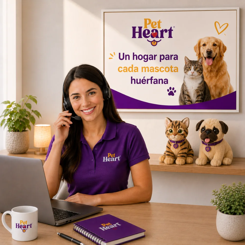 ontacto PetHeart Chile: asesora de atención al cliente en oficina moderna con decoración inspirada en mascotas y compromiso con el bienestar animal.