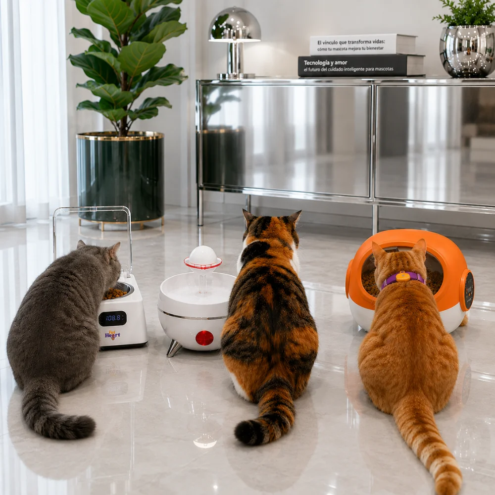 Tres gatos utilizando un bebedero automático y dos comederos automáticos PetHeart en un ambiente moderno y elegante con acabados premium.