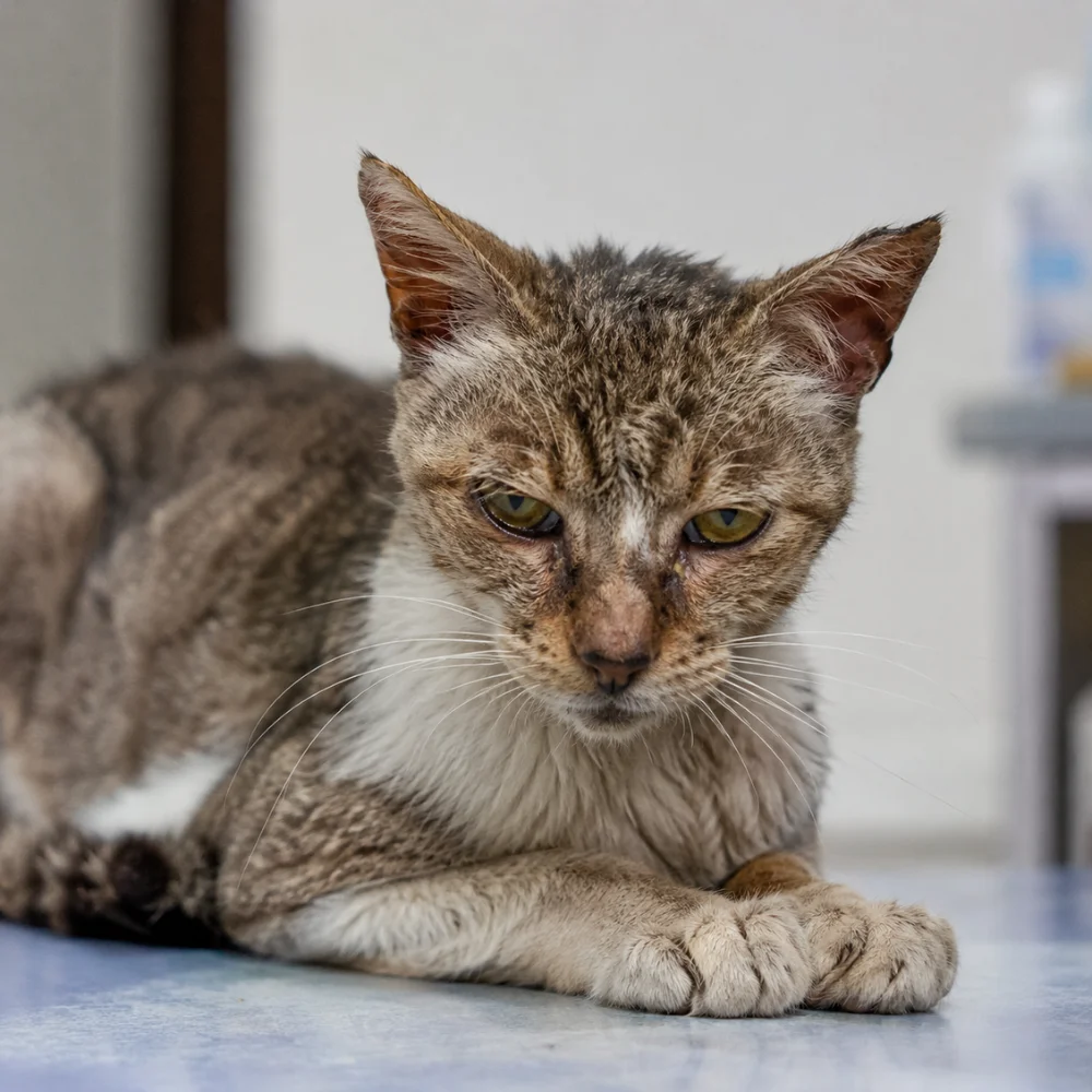 Mi gato no bebe agua: causas y soluciones efectivas 3 Gato con signos físicos de deshidratación por baja ingesta de agua durante un período prolongado.