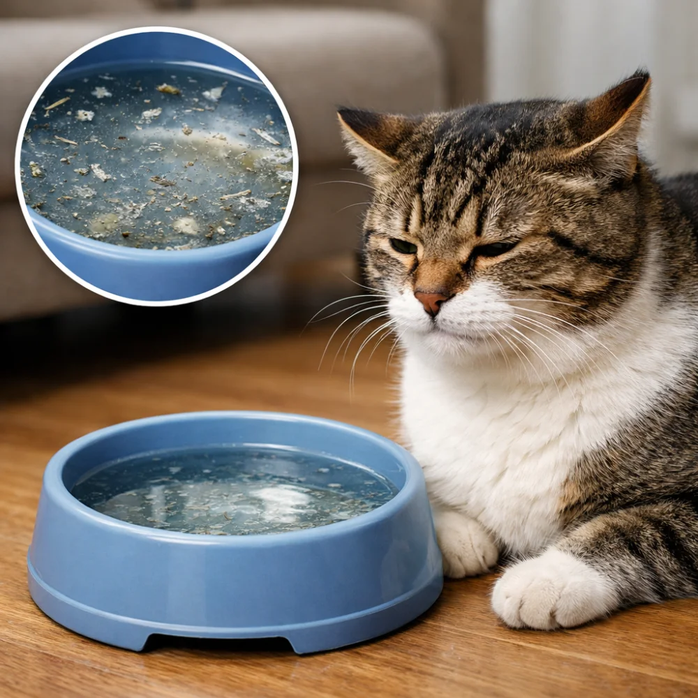 Gato mostrando desinterés por un recipiente con agua estancada e impurezas visibles, con detalle ampliado de la contaminación en la superficie.