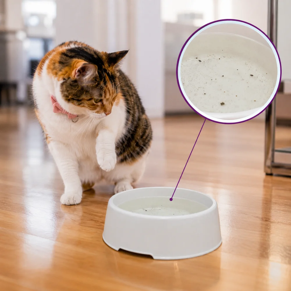 Gato doméstico rechazando el agua de un bebedero tradicional con una ampliación que muestra impurezas en la superficie del agua estancada.