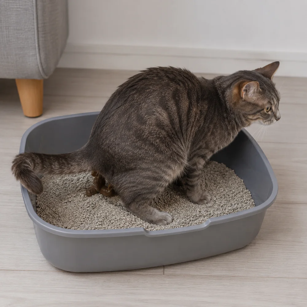 Gato doméstico utilizando un arenero plástico tradicional con arena común en un ambiente interior.
