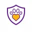 Ícono de garantía PetHeart con escudo y huella de mascota en forma de corazón.