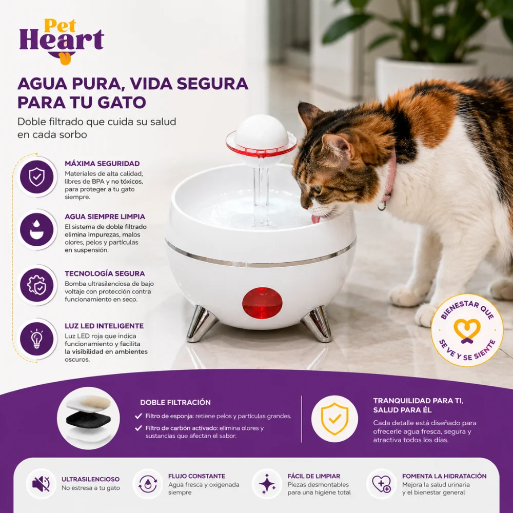 Infografía del bebedero automático PetHeart con doble filtrado para gatos, mostrando agua en movimiento, sistema de filtración y beneficios de seguridad e hidratación para mascotas.
