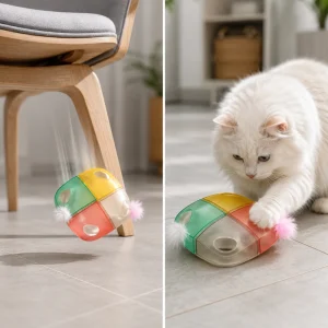 Gato blanco interactuando con juguete PetHeart multicolor con pompones y pluma en entorno hogareño.