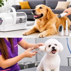 Clipper eléctrico PetHeart blanco y gris recortando el pelaje de un perro dorado, acompañado de cepillo para pelo y boquilla de aspirado