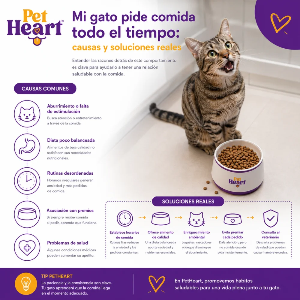 Infografía sobre por qué mi gato pide comida todo el tiempo y las soluciones reales para controlar el apetito excesivo en gatos.