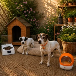Dos perros pequeños junto a caseta y dispensadores de comida rfid y con sensor en jardín, espacio acogedor para mascotas.