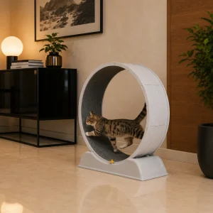 Gato ejercitándose en rueda PetHeart dentro de sala moderna.