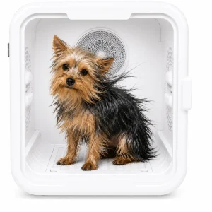 Secadora de pelo para mascotas tipo caja sobre fondo blanco, diseñada para perros y gatos.