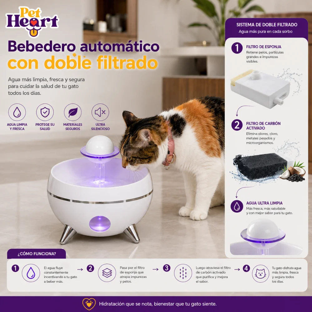 Infografía del bebedero automático PetHeart con sistema de doble filtrado que muestra cómo se eliminan impurezas y se mantiene el agua limpia para los gatos.
